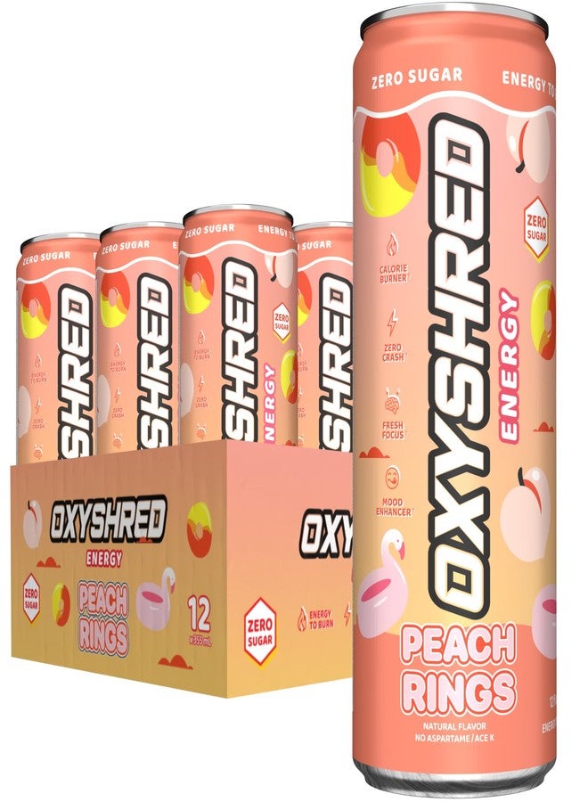EHP Labs OxyShred Healthy Energy Drink - Zero Sugar Energy Drinks with Amino Acids, Green Tea Extract, Vitamin C & L Carnitine - Zero Carbs, Zero Calories, Clean Caffeine, Peach Candy Rings (12-Pack) - Image 1