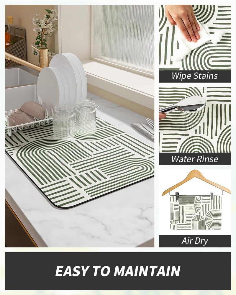 AMOAMI Coffee Mat Hide Stain Rubber Backed Absorbent Dish Drying Mat for Kitchen Counter - Fits Under Coffee Maker & Dish Rack - Green Line 12x19 - Image 4
