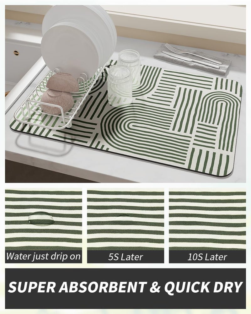 AMOAMI Coffee Mat Hide Stain Rubber Backed Absorbent Dish Drying Mat for Kitchen Counter - Fits Under Coffee Maker & Dish Rack - Green Line 12x19 - Image 3