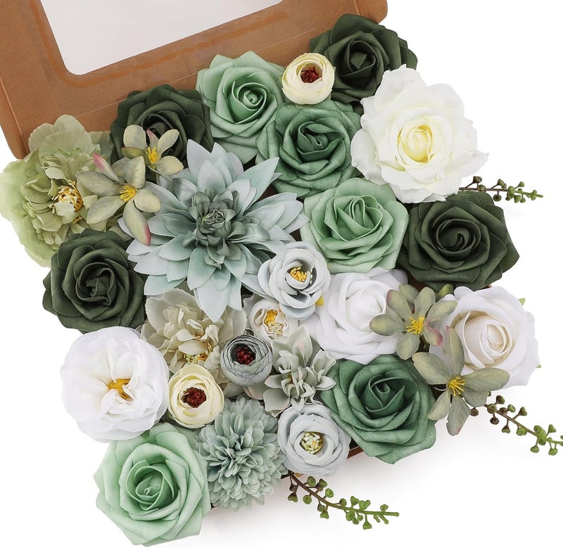 Floweroyal Artificial Flowers Combo Green Flowers Mix Silk Flowers Dahlia Roses with Stems for DIY Wedding Bridal Bouquets, Baby Shower, Floral Arrangement, Table Centerpieces, Home Decorations. - Image 1