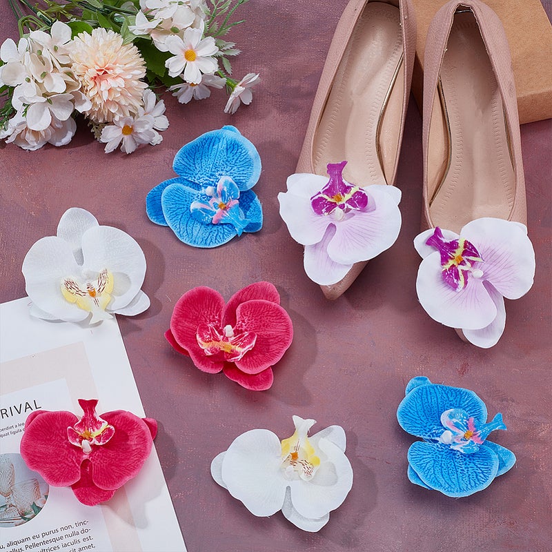 1set 8pcs 4 styles Iron Shoe Clip with Silk Cloth Artificial Phalaenopsis Flower Mixed color 95mm 2pcs/style - Image 4