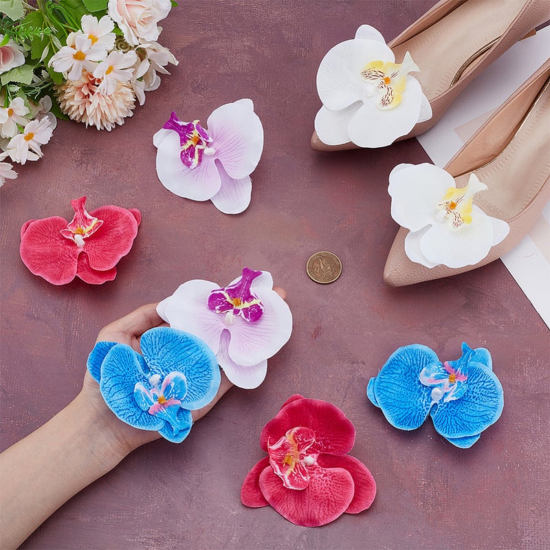 1set 8pcs 4 styles Iron Shoe Clip with Silk Cloth Artificial Phalaenopsis Flower Mixed color 95mm 2pcs/style - Image 3