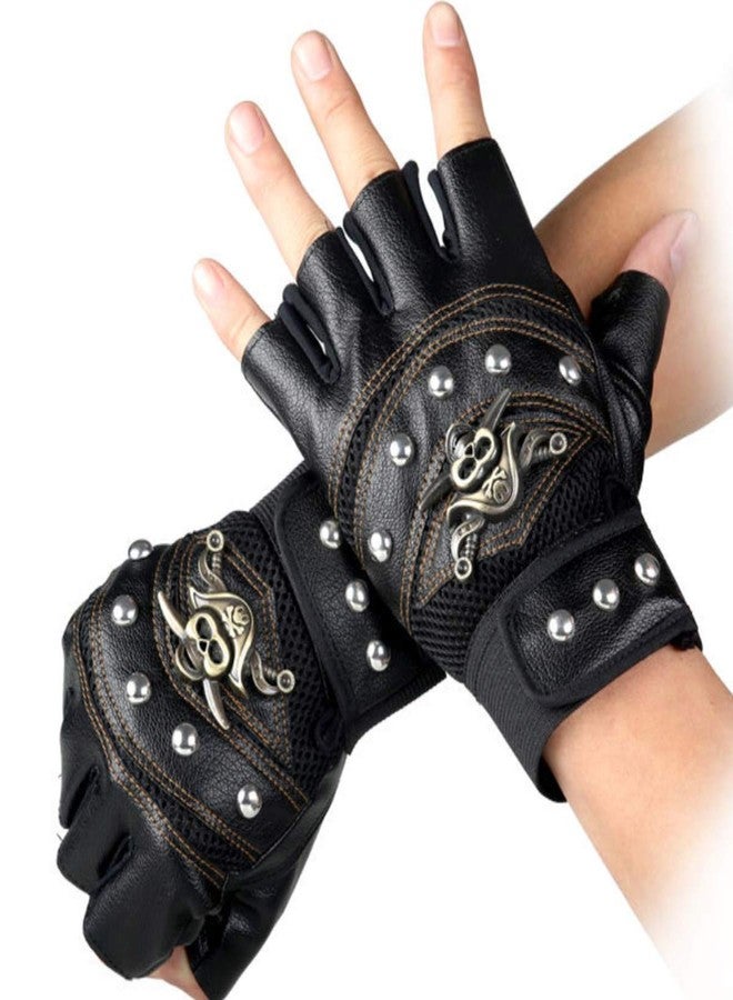 Halloluck Black Studded Gloves Steampunk Gothic Punk 80s Rocker Costume Rivet Motorcycle Car Driving Gloves Captain Fingerless Mittens - Image 3