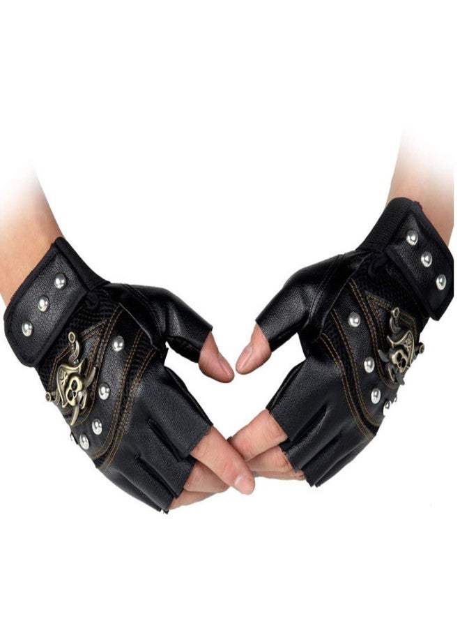Halloluck Black Studded Gloves Steampunk Gothic Punk 80s Rocker Costume Rivet Motorcycle Car Driving Gloves Captain Fingerless Mittens - Image 1