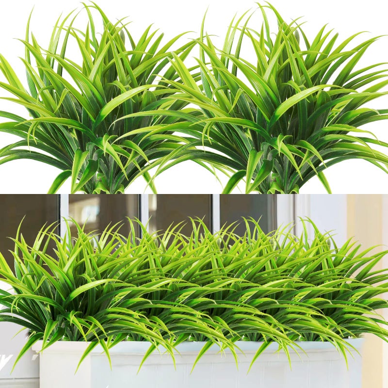 Dremisland 6PCS Artificial Plants Grass Outdoor 16 in Fake Plants Indoor UV Resistant Artificial Grass Greenery Stems Faux Bushes Shrub Plants for Home Garden Patio Hanging Planter Summer Decor