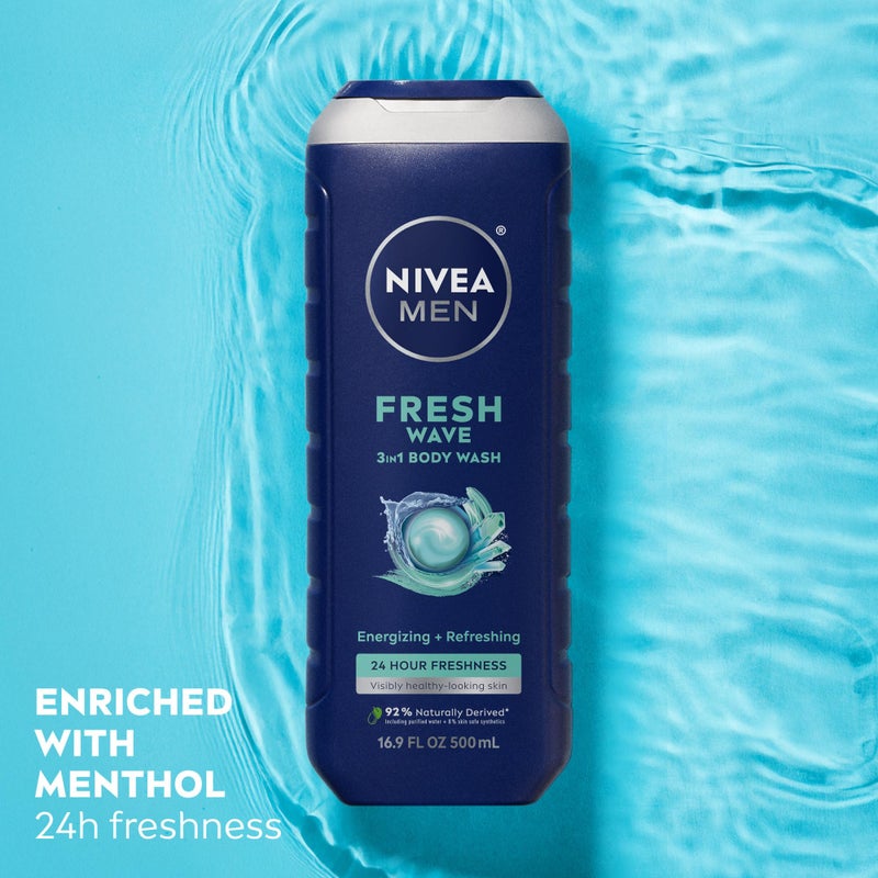 NIVEA Men Fresh Wave Body Wash with Menthol, Refreshing Scent, 3-in-1 Men's Body Wash, Face and Hair, Paraben Free, Vegan Formula, 16.9 Fl Oz Bottle, Pack of 3 - Image 3