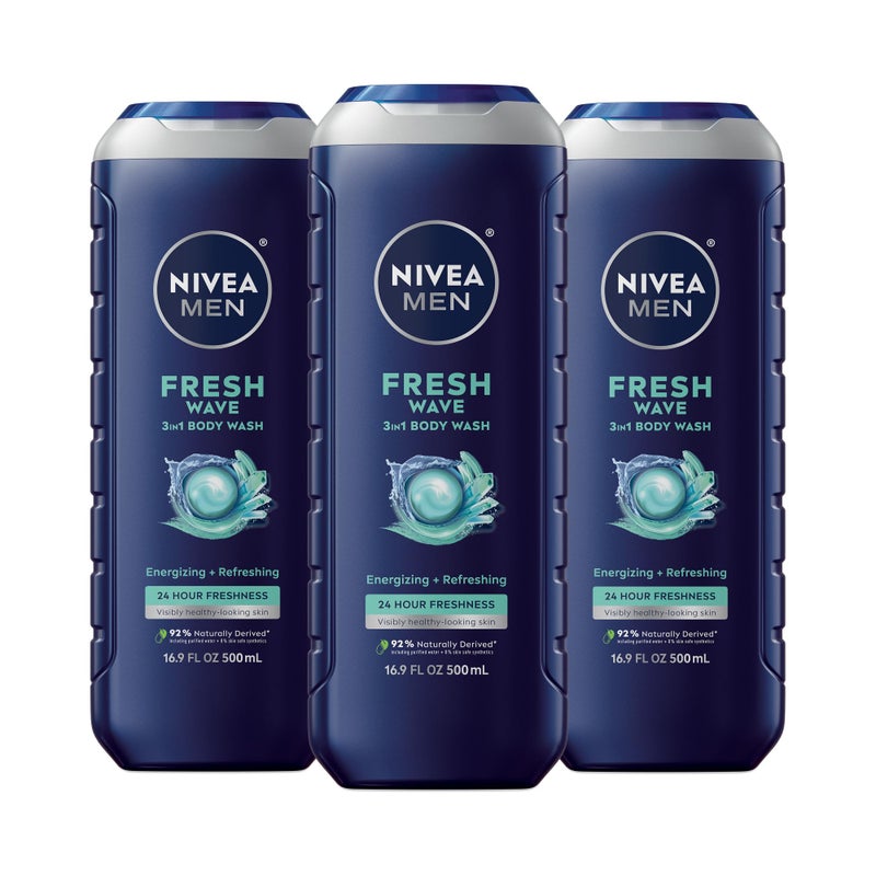 NIVEA Men Fresh Wave Body Wash with Menthol, Refreshing Scent, 3-in-1 Men's Body Wash, Face and Hair, Paraben Free, Vegan Formula, 16.9 Fl Oz Bottle, Pack of 3 - Image 1