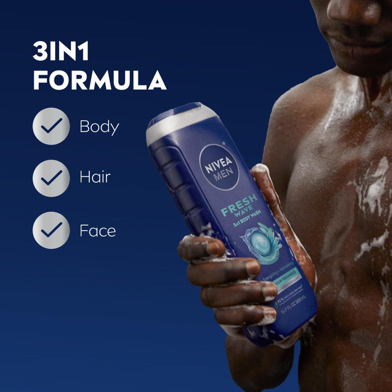 NIVEA Men Fresh Wave Body Wash with Menthol, Refreshing Scent, 3-in-1 Men's Body Wash, Face and Hair, Paraben Free, Vegan Formula, 16.9 Fl Oz Bottle, Pack of 3 - Image 2