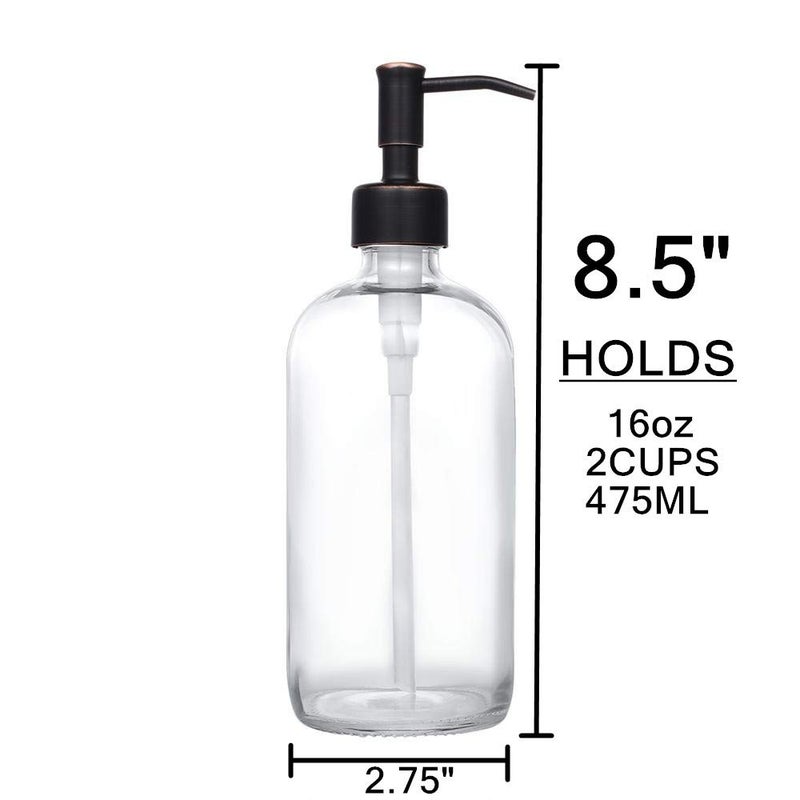 CHBJDAN 2 عبوة من موزع الصابون الزجاجي السميك الشفاف مع مضخة من الفولاذ المقاوم للصدأ البرونزية المطلية بالزيت، 16 أونصة موزع زجاجات دائرية شفافة مع مضخة مقاومة للصدأ للصابون السائل بالزيت العطري - Image 4
