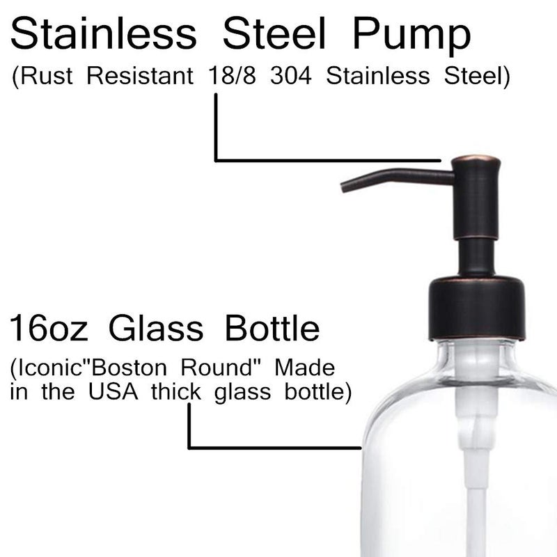 CHBJDAN 2 عبوة من موزع الصابون الزجاجي السميك الشفاف مع مضخة من الفولاذ المقاوم للصدأ البرونزية المطلية بالزيت، 16 أونصة موزع زجاجات دائرية شفافة مع مضخة مقاومة للصدأ للصابون السائل بالزيت العطري - Image 3