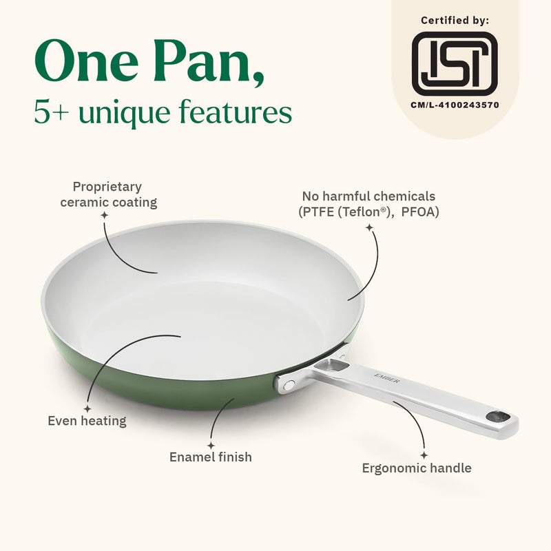 Ember Cookware مقلاة سيراميك أركيلا 24 سم | أواني طهي غير لاصقة | مقلاة غير سامة | معتمدة من ISI | مقلاة سيراميك للطهي | 1× ملعقة مسطحة | مقبض فولاذي | خالية من PFAS و PTFE | آمنة للاستخدام على الحث | أخضر - Image 2