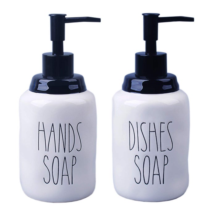 DISHES AND HANDS SOAP DISPENSER SET FARMHOUSE STYLE CERAMIC LIQUID DISPENSER BOTTLES PERFECT FOR KITCHEN COUNTER OR KITCHEN SINK DCOR 16OZ WHITE BOTTLES WITH BLACK PUMP AND LETTERING