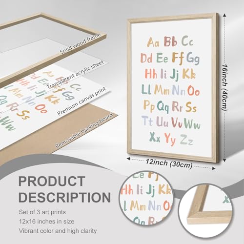 Pennclys Kids Playroom Wall Art Decor Nursery ABC Alphabet Poster Play Room Canvas Wall Decor Toddler Childrens Educational Artwork Numbers Shapes Prints ABC Picture for Playroom 12x16 Inch Framed Set of 3 - Image 2