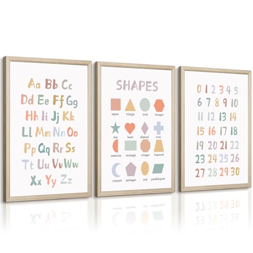 Pennclys Kids Playroom Wall Art Decor Nursery ABC Alphabet Poster Play Room Canvas Wall Decor Toddler Childrens Educational Artwork Numbers Shapes Prints ABC Picture for Playroom 12x16 Inch Framed Set of 3 - Image 1
