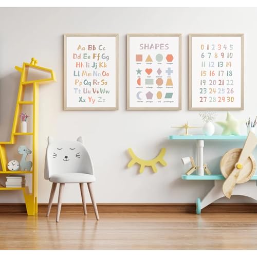 Pennclys Kids Playroom Wall Art Decor Nursery ABC Alphabet Poster Play Room Canvas Wall Decor Toddler Childrens Educational Artwork Numbers Shapes Prints ABC Picture for Playroom 12x16 Inch Framed Set of 3 - Image 5