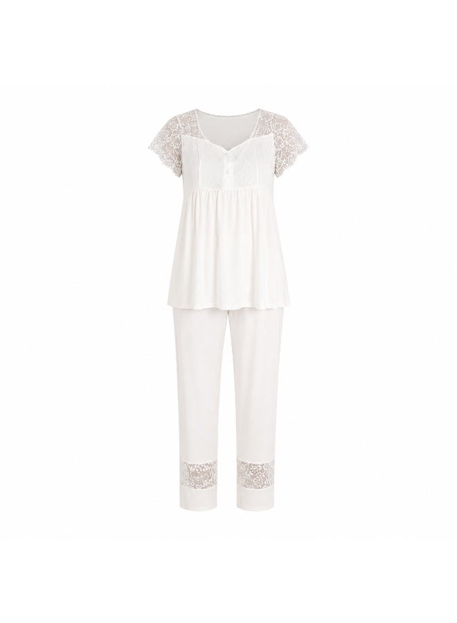 LADY 3-Piece Maternity & Nursing Pajama Set with Robe - Turkish Cotton Long Sleeve Sleepwear with Elegant Lace Details - Image 2