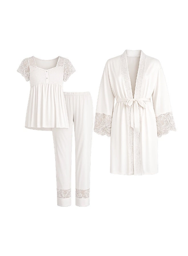 LADY 3-Piece Maternity & Nursing Pajama Set with Robe - Turkish Cotton Long Sleeve Sleepwear with Elegant Lace Details - Image 1