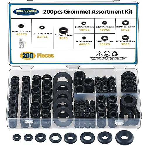 BUSY-CORNER 200 PCS Hollow Rubber Grommet Firewall Hole Plug Assortment, Rubber Grommet kit 1/4", 5/16", 3/8", 7/16", 1/2", 5/8", 3/4'', 7/8", 1'' - Image 1
