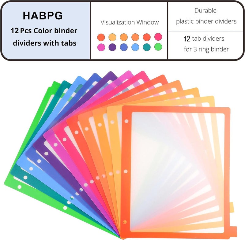 HABGP 3 Ring Binder Dividers, 12-Tab Plastic Clear Binder Dividers, Multicolor Monthly Dividers, Letter Size File Organizer 3 Hole Punch, 1 Set 12 Pcs Write On Tabs for Notebook - Image 2