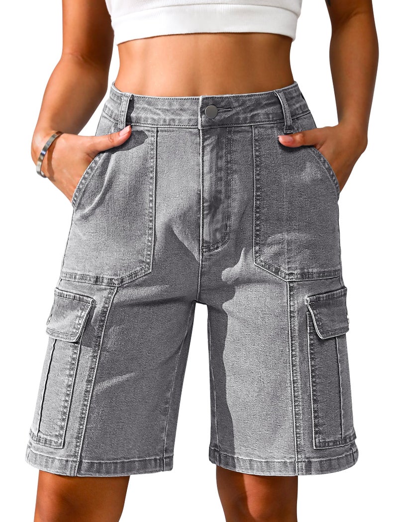 Eddoyee Bermuda Cargo Jorts for Women Denim Jean Shorts Casual Long Knee Length High Waisted Stretch Wide Leg Relaxed Fit(Gray Jean, Medium) - Image 1