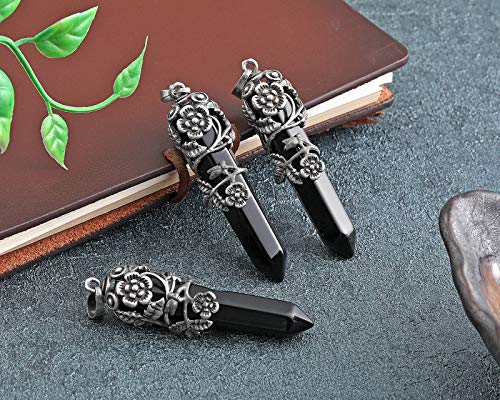 Top Plaza Antique Silver Flower Wrapped Natural Black Agate Healing Crystal Necklace - Image 3