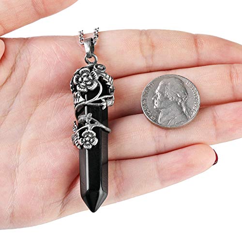 Top Plaza Antique Silver Flower Wrapped Natural Black Agate Healing Crystal Necklace - Image 4