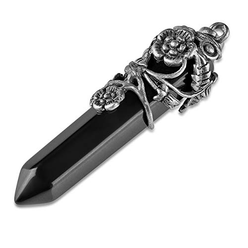 Top Plaza Antique Silver Flower Wrapped Natural Black Agate Healing Crystal Necklace - Image 5