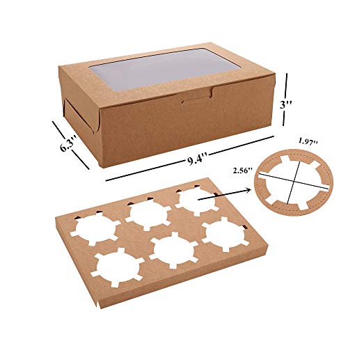 WZRAXJ 30-Set Cupcake Boxes with Inserts and Window Hold 6 Cupcakes, 9.4'' x 6.3'' x 3'', Brown Food Grade Kraft Cupcake Holder for Cookies, Muffins, Bakeries - Image 2