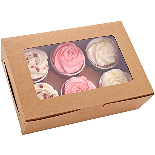 WZRAXJ 30-Set Cupcake Boxes with Inserts and Window Hold 6 Cupcakes, 9.4'' x 6.3'' x 3'', Brown Food Grade Kraft Cupcake Holder for Cookies, Muffins, Bakeries - Image 1
