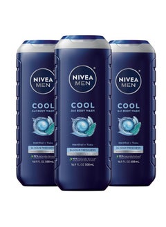 NIVEA MEN Nivea Men Cool Body Wash with Icy Menthol, Scented Body Wash for Men, Free of Parabens, Phthalates and Microplastic Particles, 3 Pack of 16.9 Fl Oz Bottles  - Image 1