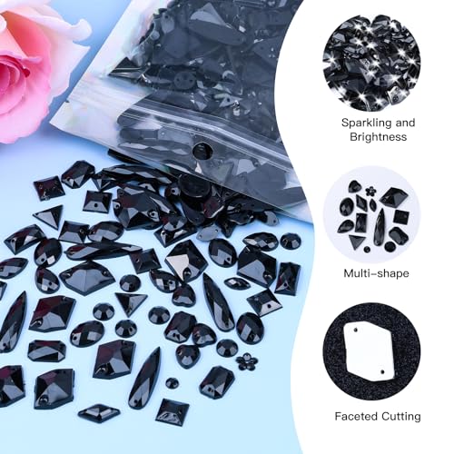 Umillars 500 Pieces Mixed Acrylic Flatback Sew on Rhinestones Crystal Gems Diamante for Clothes Crafts DIY Dress Shoes Bag Decorations (Black) - Image 3