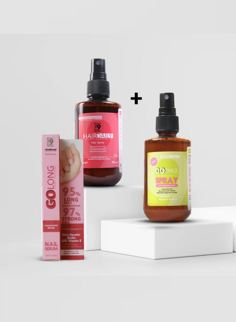 Hair Daily بخاخ جو ثيك لعلاج تساقط الشعر الفعال للنساء 120 مل & بخاخ جو لونغ للعلاج الطبي لنمو الشعر 120 مل & سيروم جو لونغ للأظافر - نمو الأظافر السريع والقوة 5 مل حزمة - Image 1