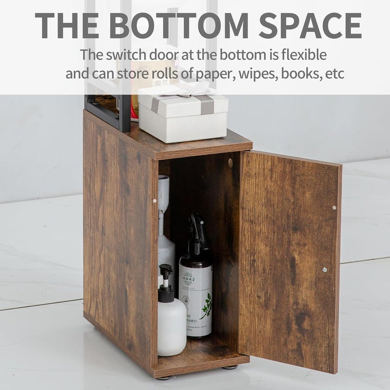SUNTAGE Small Bathroom Storage Cabinet, 6.5 * 11.8 * 29.5”Narrow Side Bathroom Organizer w/Toilet Paper Holder & Storage Door, Slim Toilet Paper Storage Cabinet for Bathroom (Vintage Brown) - Image 4