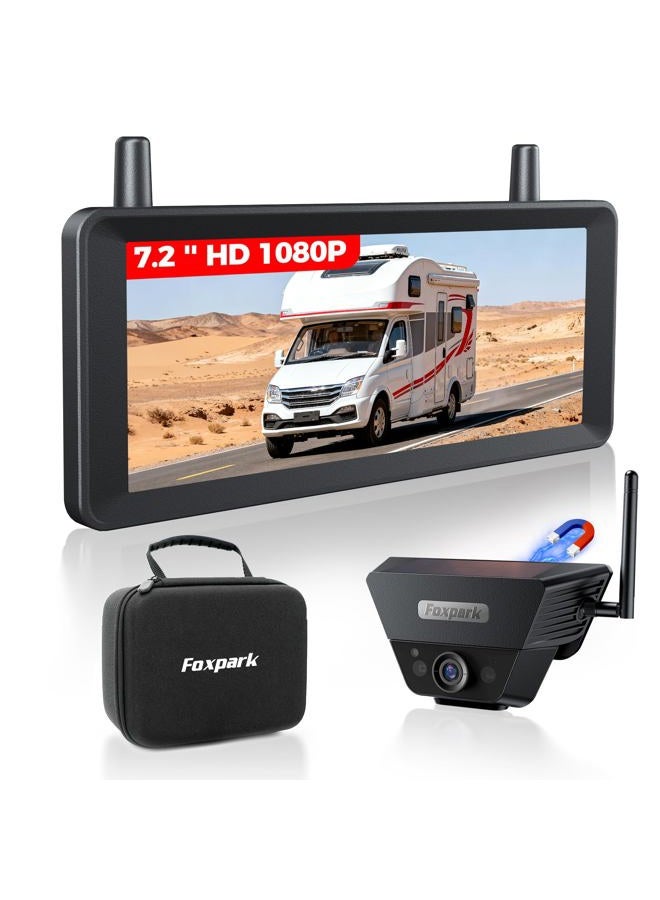 Foxpark Wireless Backup Camera Solar Magnetic: 7.2‘' 1080P HD Split-Screen Monitor with Strong Signal, 1Min Easy Install, DVR Recording, Portable Storage Bag, Back up Camera for RV, Truck, Trailer, Camper - Image 1