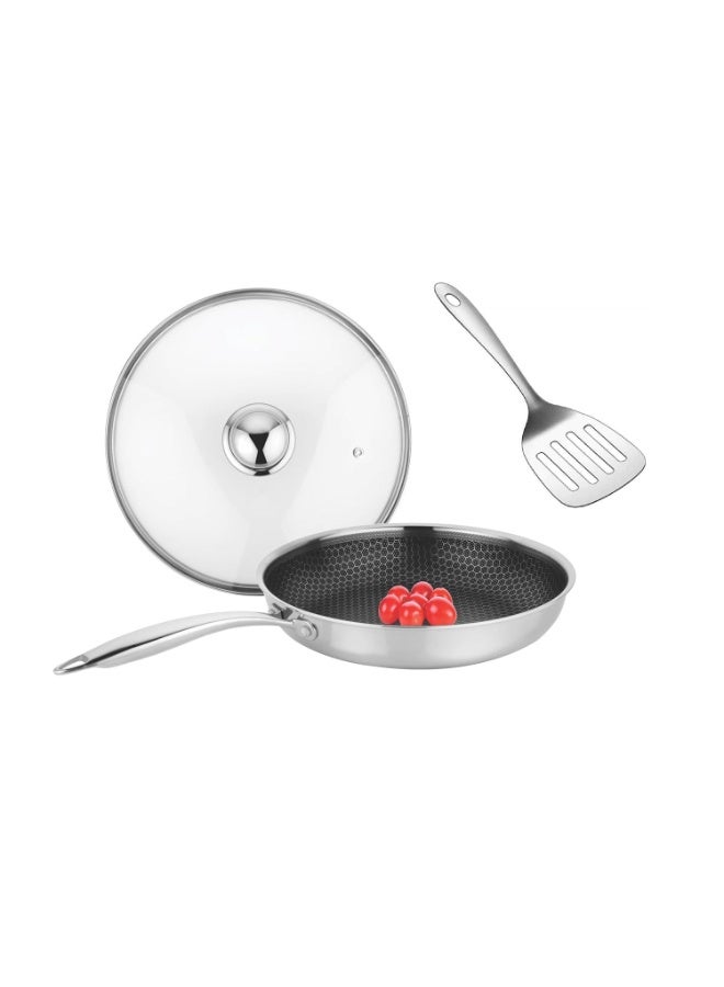 Prabha Tri-Ply Fry Pan with Glass Lid 1.4 Litre | Stainless Steel Fry Pan 22cm | Induction & Gas Stove | Cooking Omlette Cookware Non Stick Coating Deep Frypan with Long Handle - Image 1