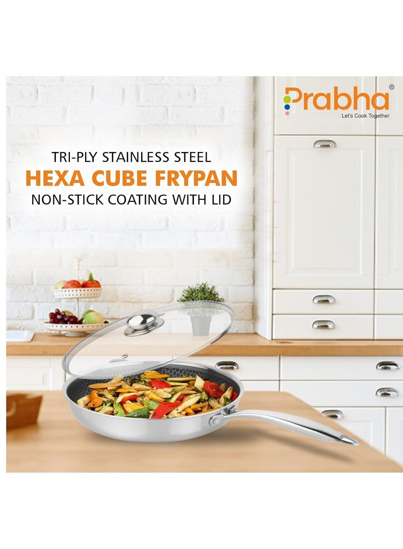 Prabha Tri-Ply Fry Pan with Glass Lid 1.4 Litre | Stainless Steel Fry Pan 22cm | Induction & Gas Stove | Cooking Omlette Cookware Non Stick Coating Deep Frypan with Long Handle - Image 3