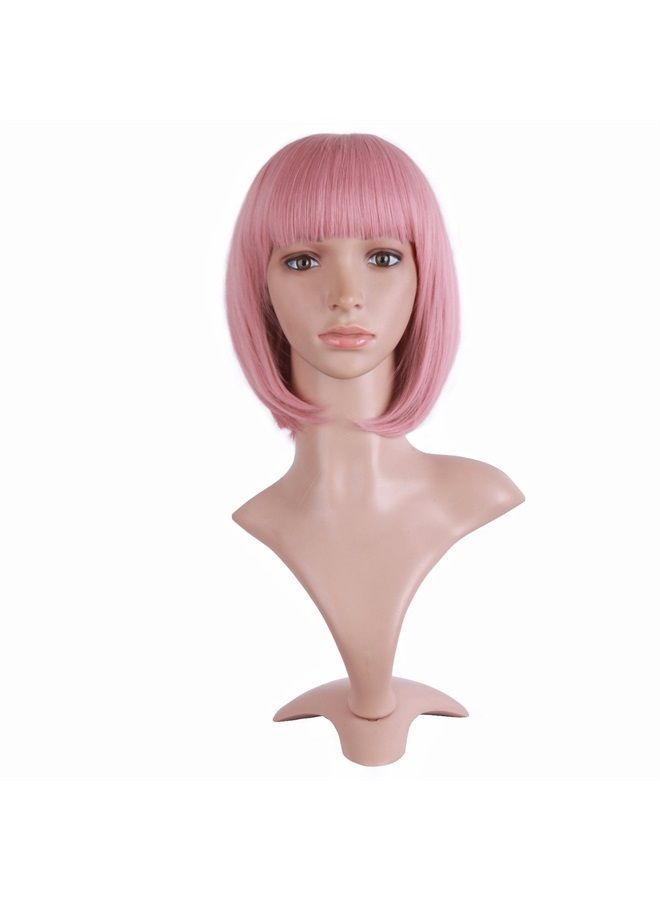 MapofBeauty 12 Inch/30cm Fashion Lady Short Straight Flat Bangs Bob Wig (Rouge Pink)  - Image 1