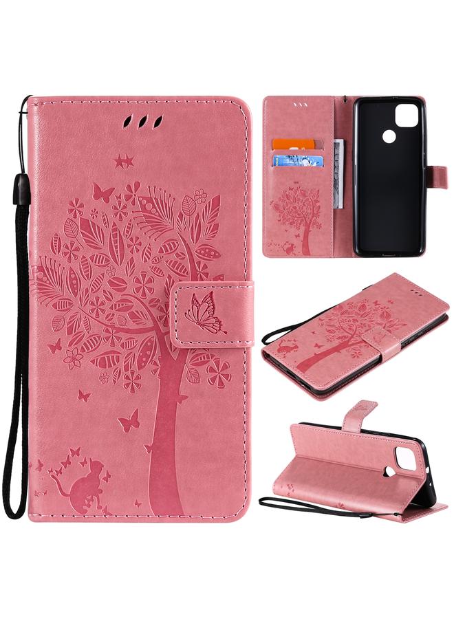 S-TOP Case For Motorola Moto G9 Power Tree & Cat Pattern Pressed Printing Horizontal Flip PU Leather Case with Holder & Card Slots & Wallet & Lanyard - Image 1
