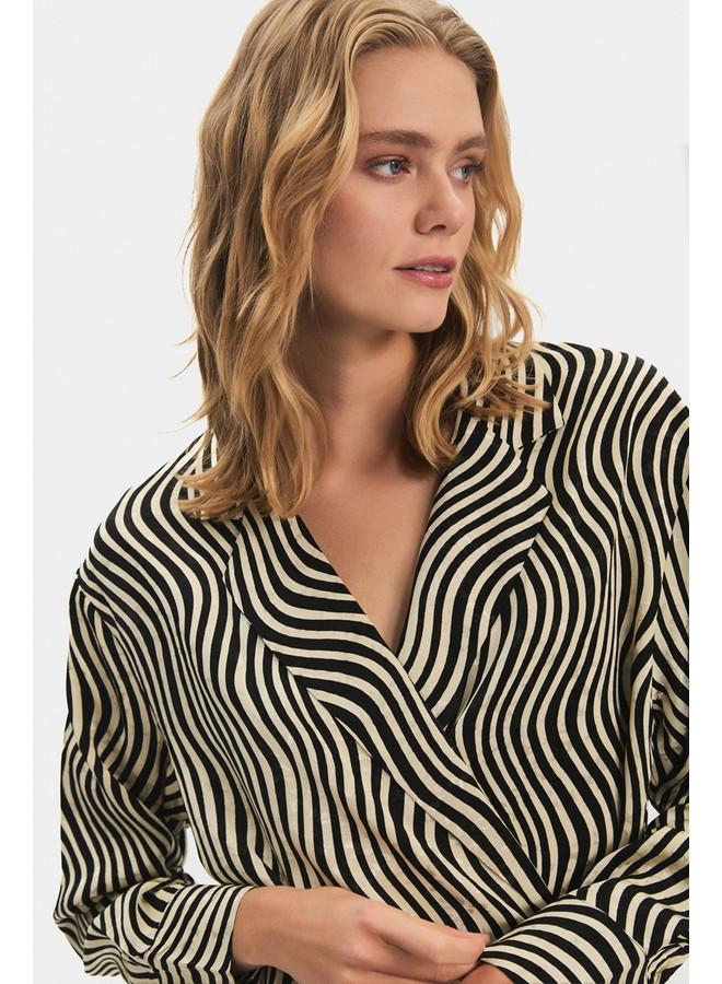 JUNE Women Oversize/Loose Fit Viscose Blend Diagonal Fited Shirt Mink - Black - Image 3