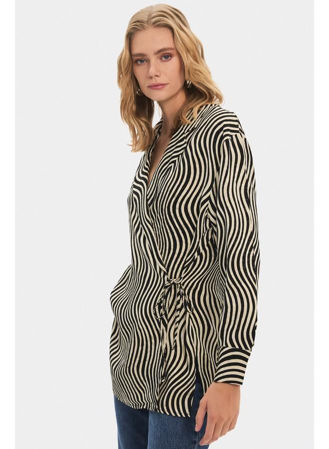 JUNE Women Oversize/Loose Fit Viscose Blend Diagonal Fited Shirt Mink - Black - Image 2