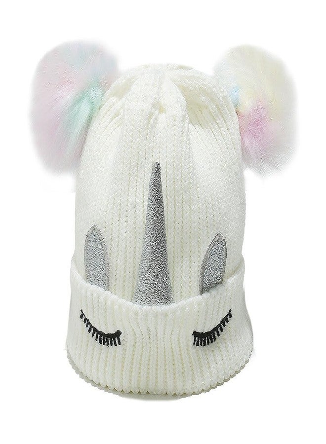 Newfancy Kids Girls Toddlers Unicorn Winter Beanie Hat Flower Warm Knitted Ear Cap with Gold Horn White a - Image 2