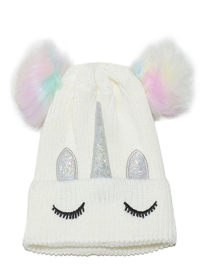 Newfancy Kids Girls Toddlers Unicorn Winter Beanie Hat Flower Warm Knitted Ear Cap with Gold Horn White a - Image 1