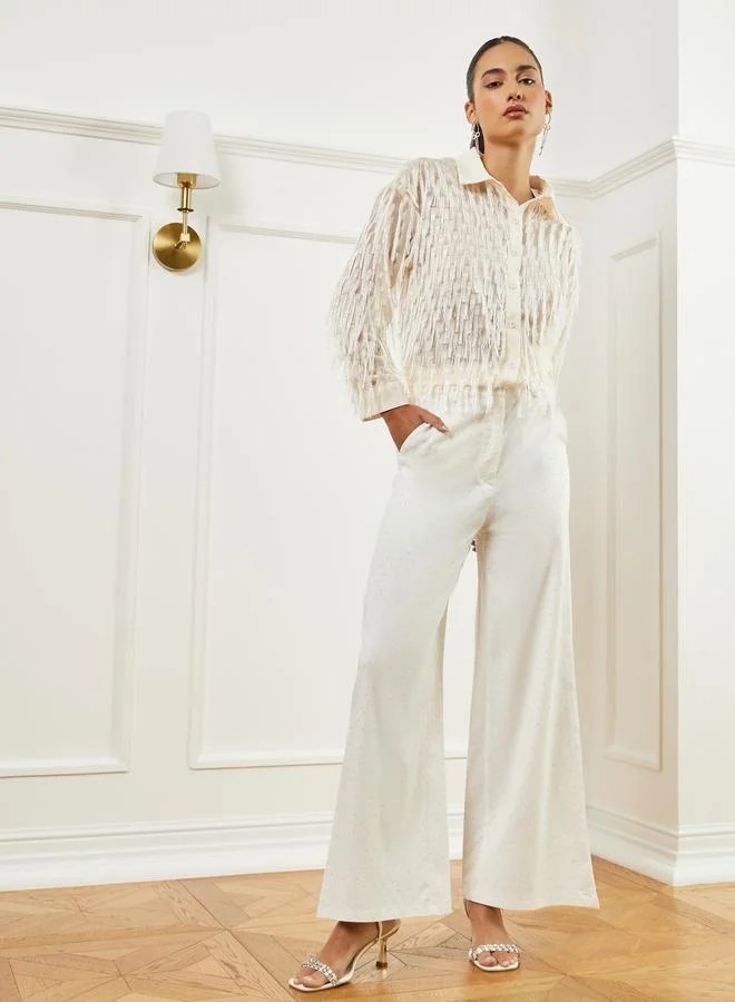 Styli Cream Fringe Detail Long Sleeve Shirt