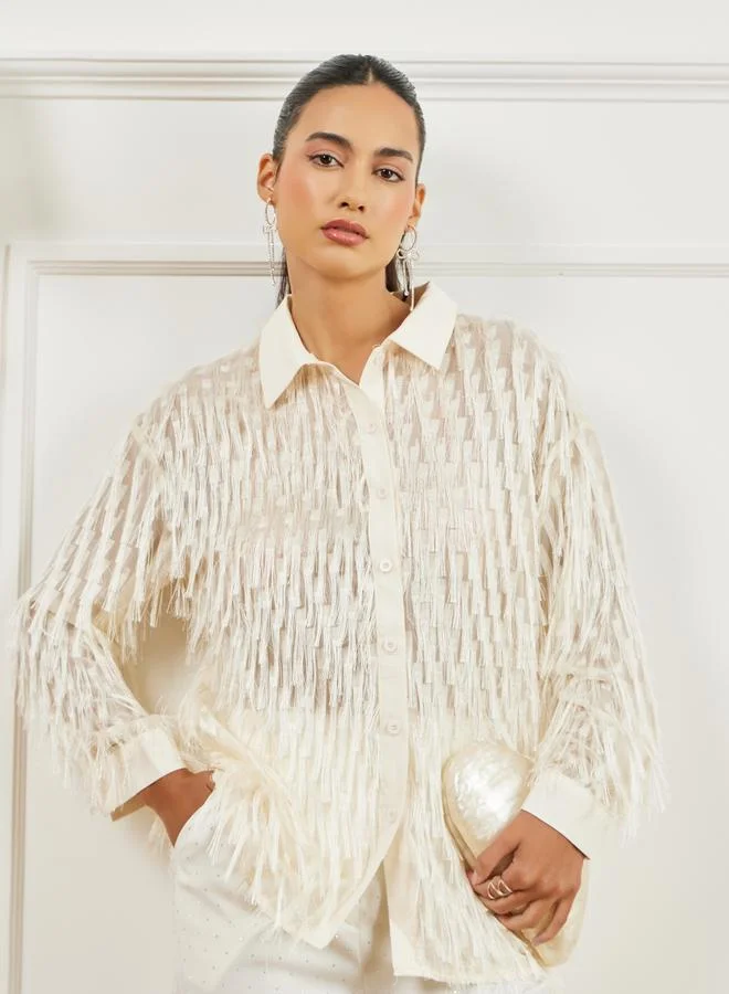 Styli Cream Fringe Detail Long Sleeve Shirt