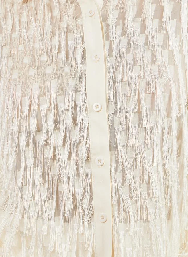 Styli  Cream Fringe Detail Long Sleeve Shirt for Women | Best Price UAE
