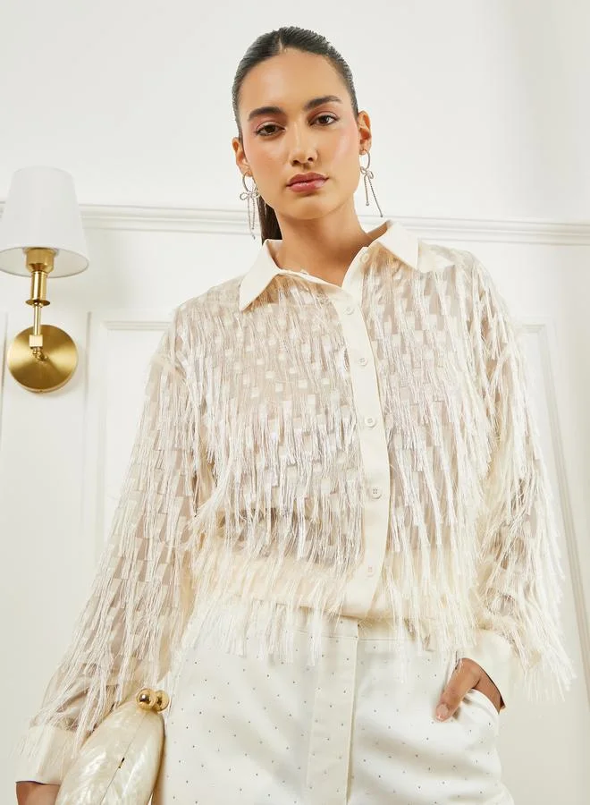 Styli  Cream Fringe Detail Long Sleeve Shirt for Women | Best Price UAE