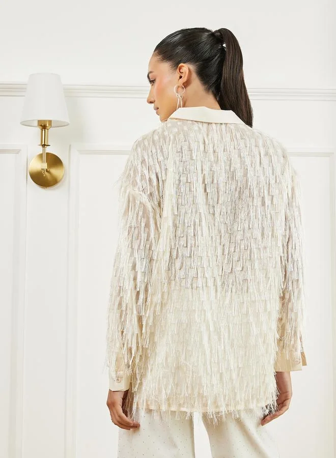 Styli  Cream Fringe Detail Long Sleeve Shirt for Women | Best Price UAE
