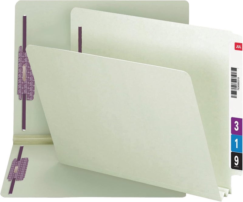 Smead End Tab Pressboard Fastener File Folder with SafeSHIELD Fasteners, 2 Fasteners, 2" Expansion, Letter Size, Gray/Green, 25 per Box (34715) - Image 2