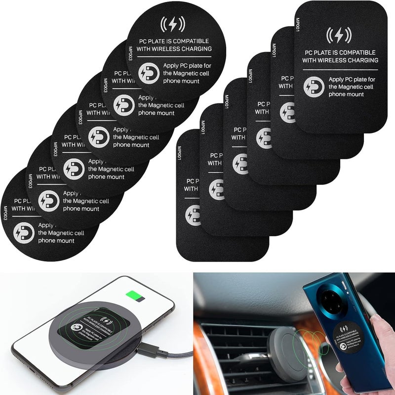 MAKINGTEC 12 Pcs Metal Plate for Phone Magnet Wireless Charging Compatible Cradle Disc Round Rectangle Phone Magnet Sticker Black Magnetic Metal Plate Cell Phone Automobile Cradles for Magnetic Car Phone - Image 1