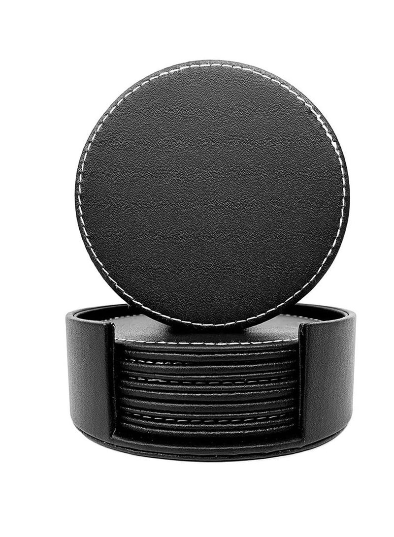 Y&D PU Black Leather Coasters, Coasters Set of 6 with Holder, for Drinks, Heat-resistance Mats, Coffee Coaster, Protect Furniture, Holding Cups, Sports Bottles  - Image 1